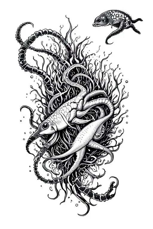 Ocean Abyss With Sea Creatures Intertwined