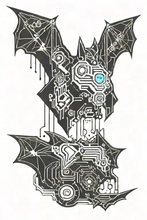 A Cyberpunk-inspired Tattoo Of A Bat With Neon Accents And Circuit Board Patterns