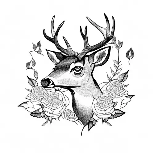 Deer With Peonies And Tree