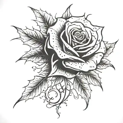 Rose Tattoo On A Person's Chest With A Vine With Thorns Wrapping On The Other Side