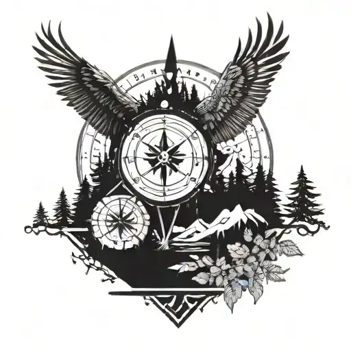 Eagle And Compass Rose And Forest Scene