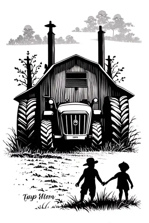 Farm Scene With Barn Tractor And Kids Silhouette