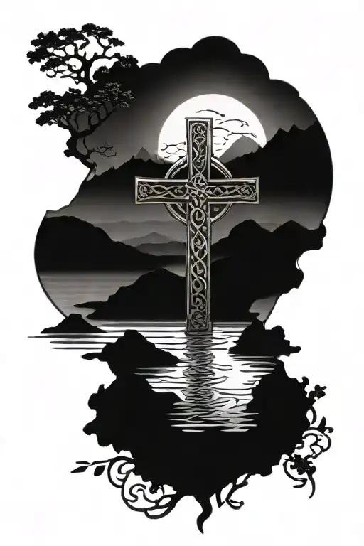 Celtic Cross With River And Mountains In The Cross
