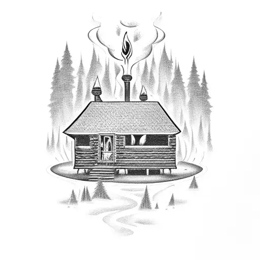 Cabin With A Flame In Front And Forest