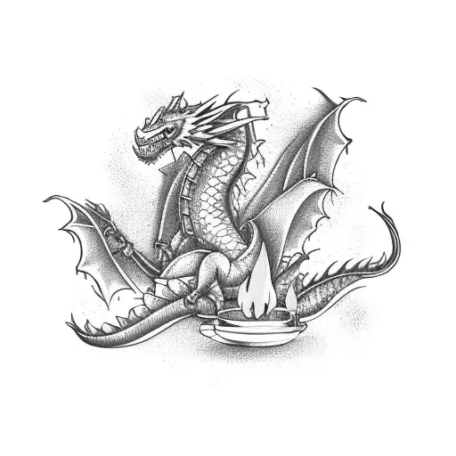 A Fierce Dragon Cooking Over A Flaming Stove