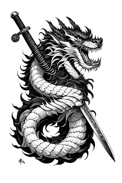 Japanese Dragon Wrapping Around Katana Sword