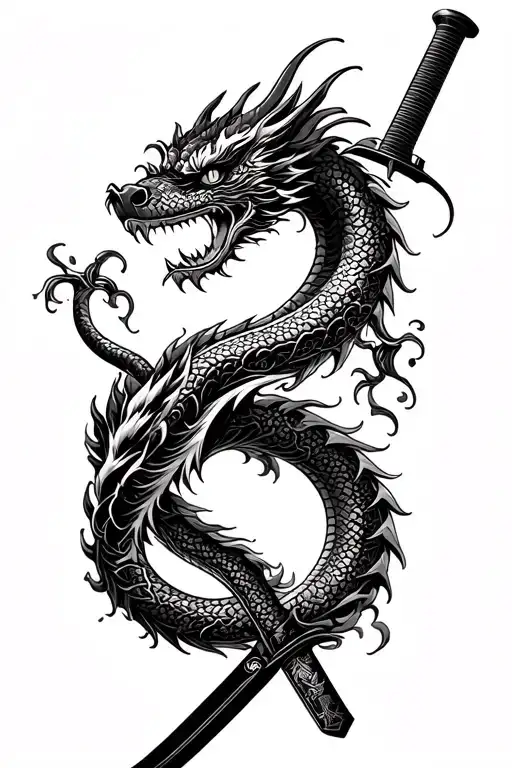 Japanese Dragon Wrapping Around Katana Sword With Face Facing The Front