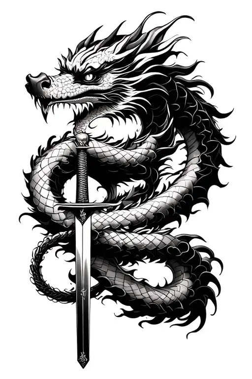 Japanese Dragon Wrapping Around Katana Sword With Face Facing The Front