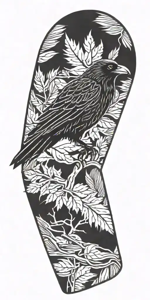 A Stylized Pin Cone With Branch Incorporating A Hidden Image Of A Raven