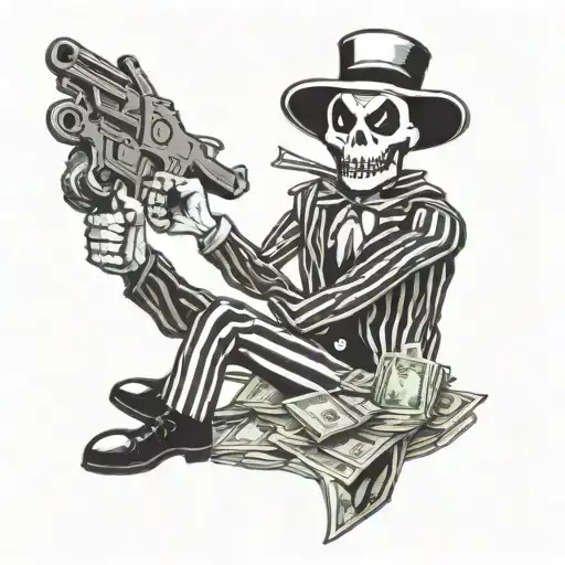 Jack Skeleton Holding A Gun Sitting Around Money