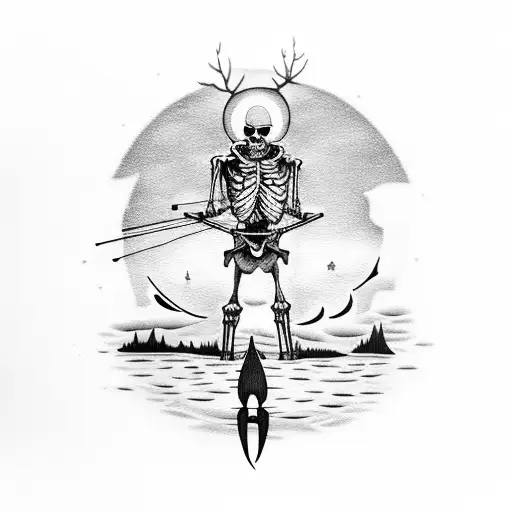 A Skeletal Fisherman Casting A Line Into A Moonlit Lake