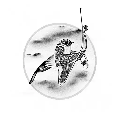 A Music Note Forming The Body Of A Bird Flying Over A Horizon