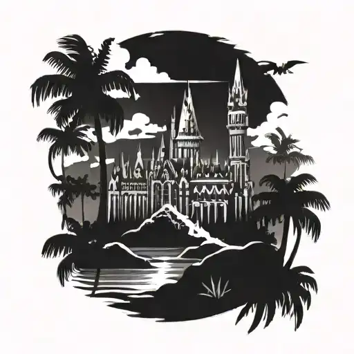 A Magical Hogwarts Castle Silhouette With Palm Trees In The Background