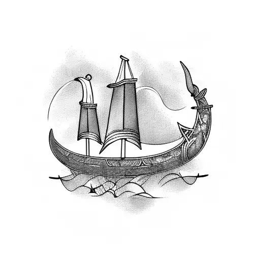 A Blackwork Tattoo Of A Viking Ship Sailing Through A Forest Of Musical Notes