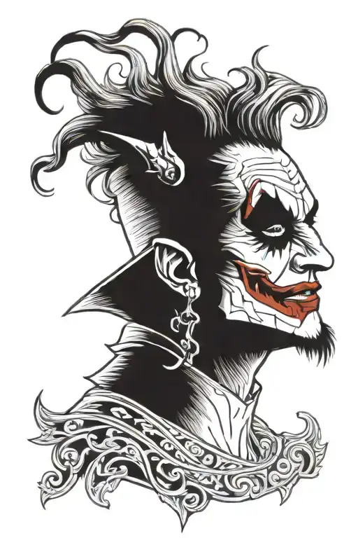 A Norse Mythology Inspired Tattoo Featuring A Joker Character In Blackwork Style