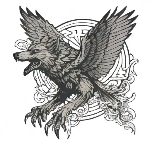 Wolf With A Raven Flying