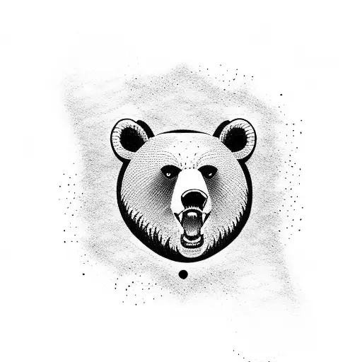A Dotwork Tattoo Of A Bear Roaring While Holding A Dagger In Its Paw