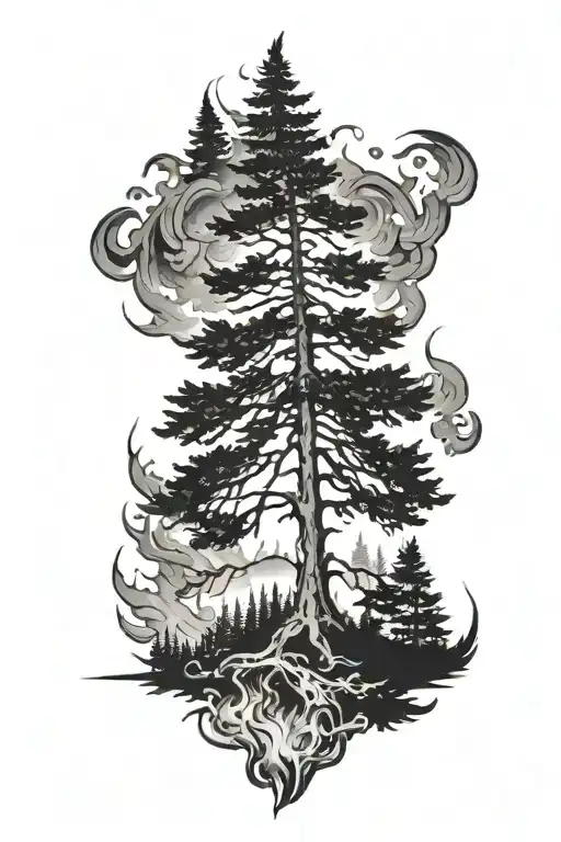 Half A Pine Tree With Burnt Flames Coming