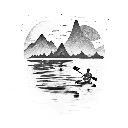 A Serene Landscape Of A Kayaker Paddling Through A Calm River With Mountains In The Background