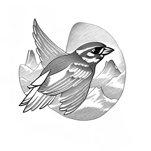 Sparrow Flying Over A Mountain Range