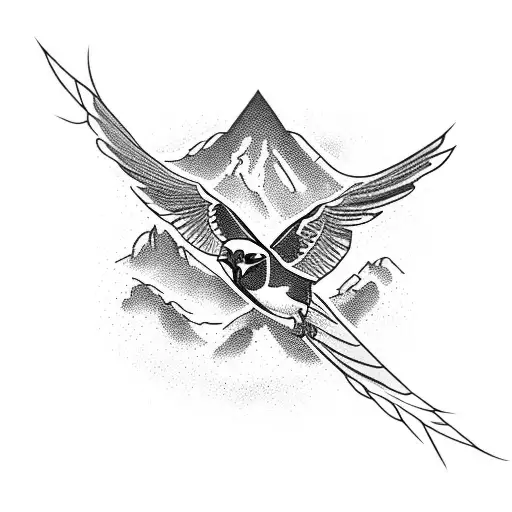 Sparrow Flying Over A Mountain Range