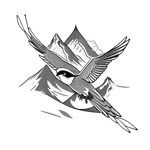 Sparrow Flying Over A Mountain Range