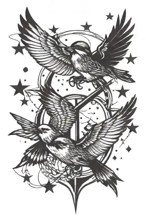 2 Sparrows Flying Together With 11 Stars And An Anchor
