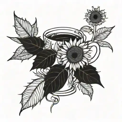 A Coffee Plant Intertwined With Van Gogh's Sunflowers In Blackwork Style
