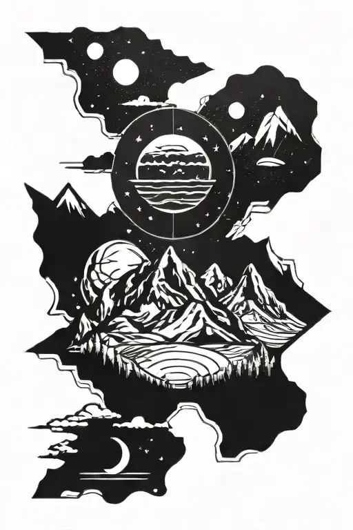A Mountain Range Silhouette With A Solar System Inside Each Peak