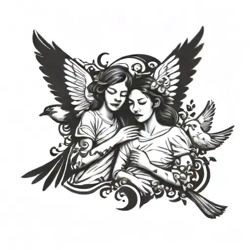 Strong Mother And Little Daughter And Birds Flying