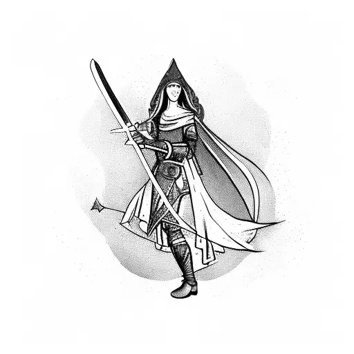 Medieval Woman Warrior With A Sword In A Mystical Forest