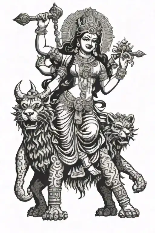Hindu Goddess Durga With Ten Hands Standing Over A Defeated Demon With A Trishula