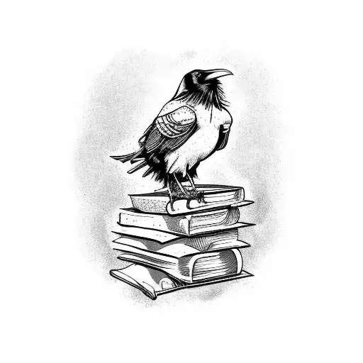 A Raven Perched On A Stack Of Books With Musical Notes Swirling Around It