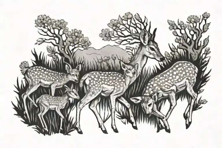 3 Fawns Playing Near Their Dad Walking