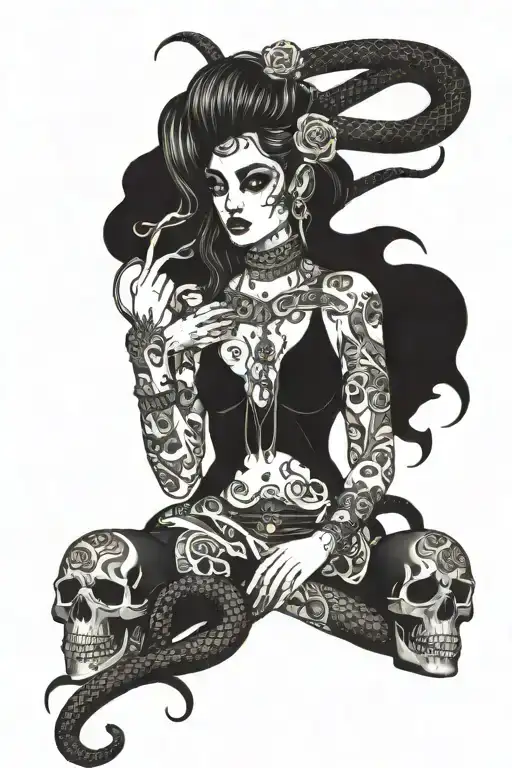 Girl With Snake And Skulls Surrounded
