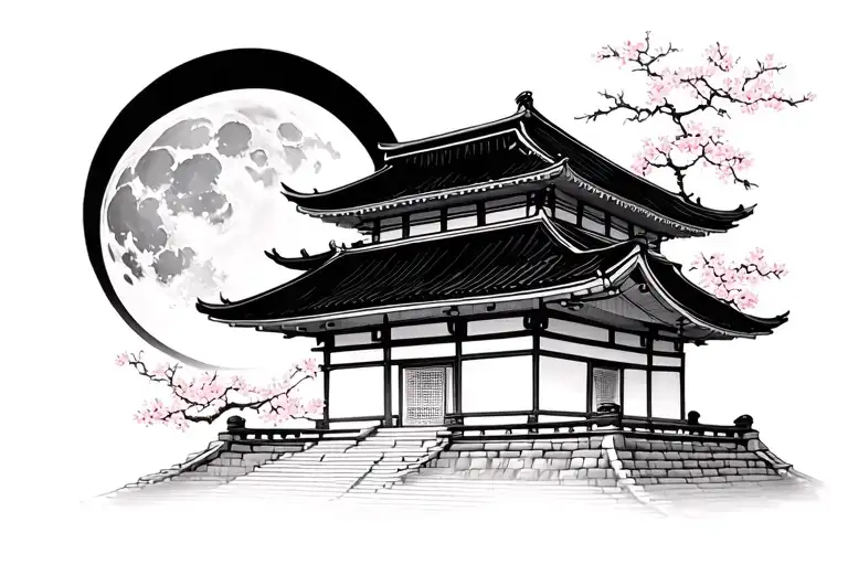 Japanese Temple With Japanese Cherry And Moon