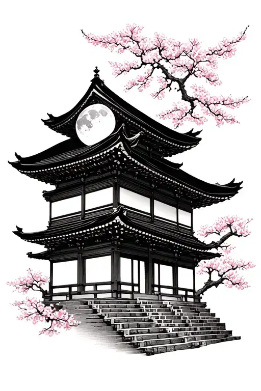 Japanese Temple With Japanese Cherry And Moon
