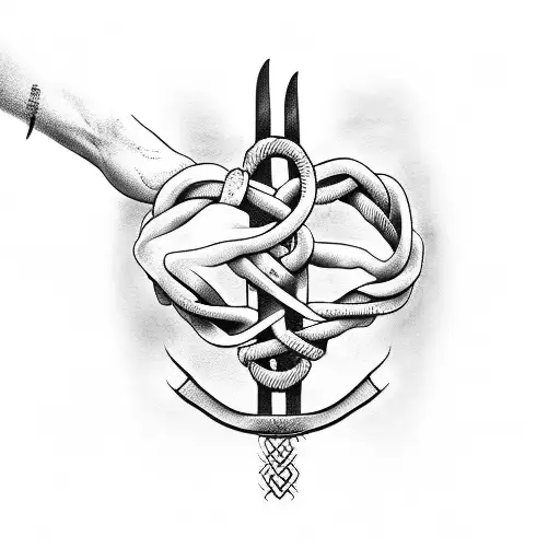 A Beautiful Intertwined Design Of Two Hands Holding A Pitchfork