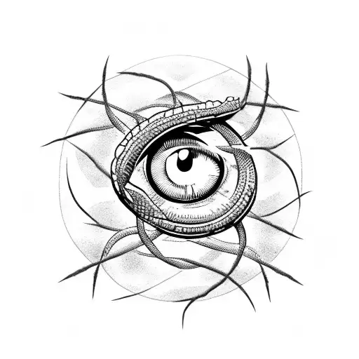 Eye In The Middle Surrounded By Barbed Wire And Flanked By Arched Snake