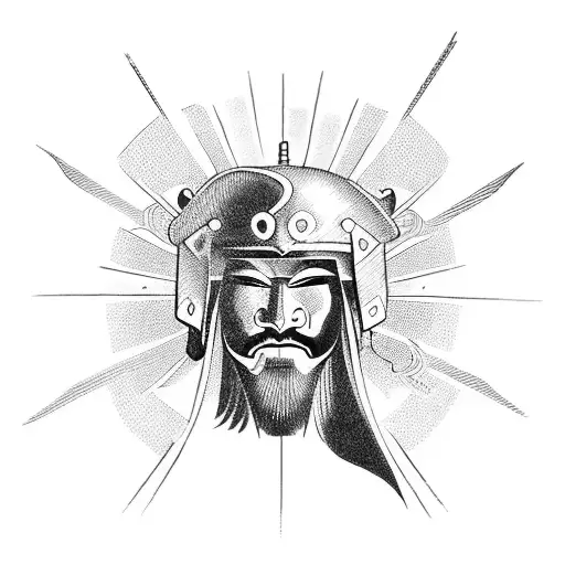 Samurai Looking Into The Sunset In A Rectangle With Sun Ray Lines