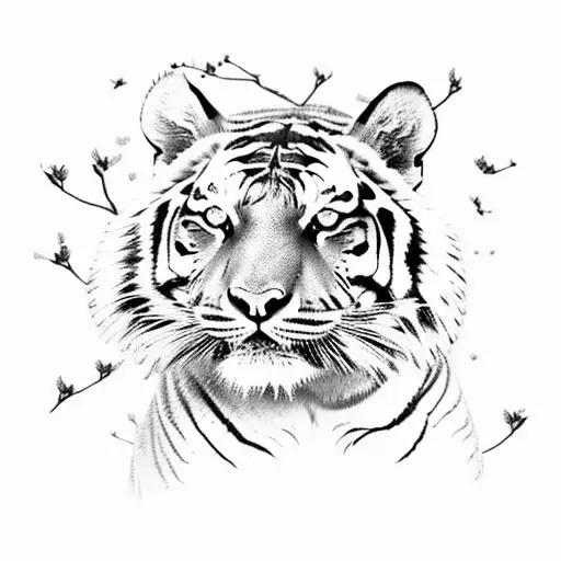 Tiger On A Flower Tree With Birds And Lightning