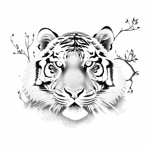 Full Body Tiger On A Flower Tree With Birds And Lightning