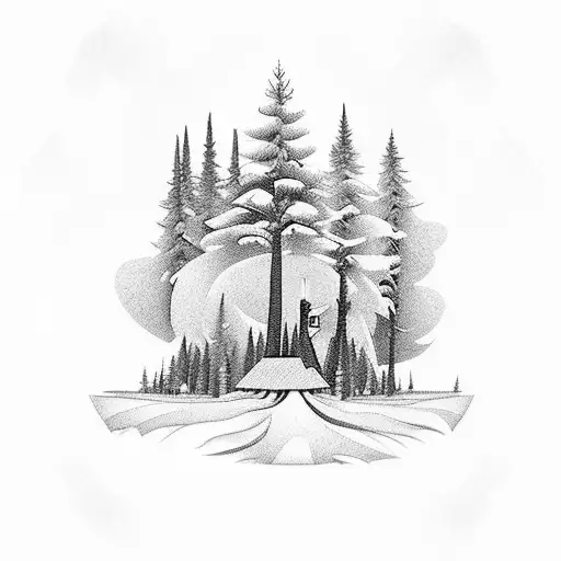 A Blackwork Tattoo Of A Stylized Pine Tree Forest With A Small Cabin Nestled Among The Trees