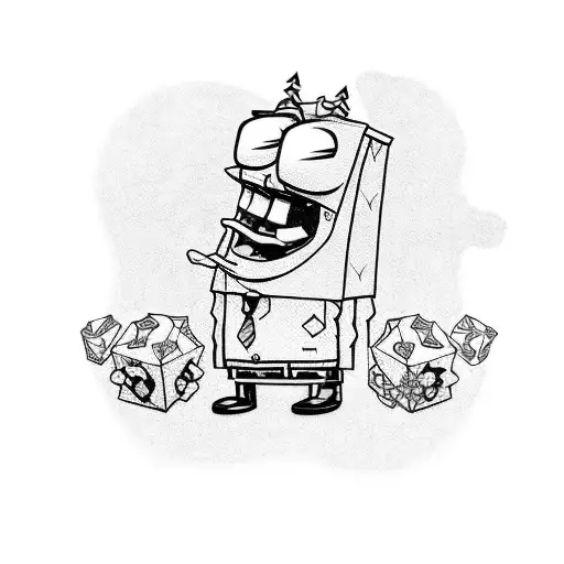 A Blackwork Tattoo Featuring A Confident And Arrogant-looking Spongebob With A Cyberpunk Aesthetic