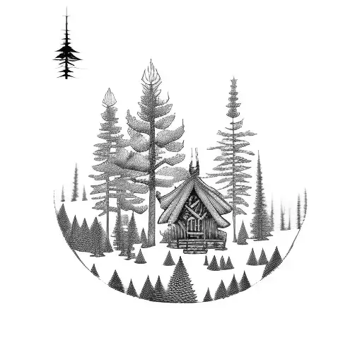 A Blackwork Tattoo Of A Stylized Pine Tree Forest With A Small Cabin Nestled Among The Trees