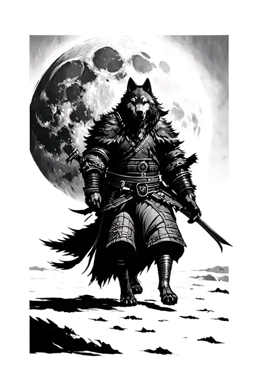 Ronin Walking With A Wolf Moon Background