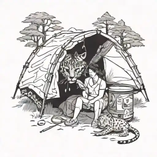 A Detailed Camping Scene With A Nurse Tending To A Wounded Leopard In A Blackwork Style