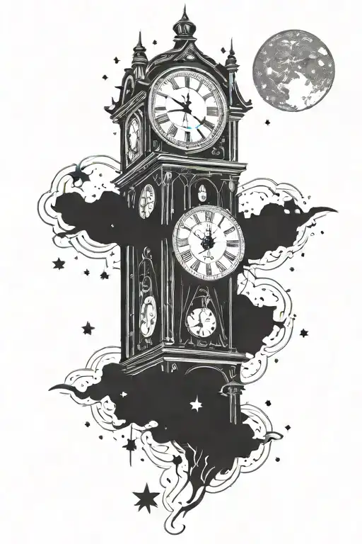 Clock Tower With Pocket Watch Surrounded By Constellations