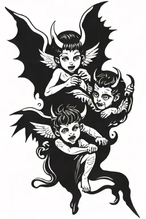 Angel And Devil Children With Wings And Horns For The Devil