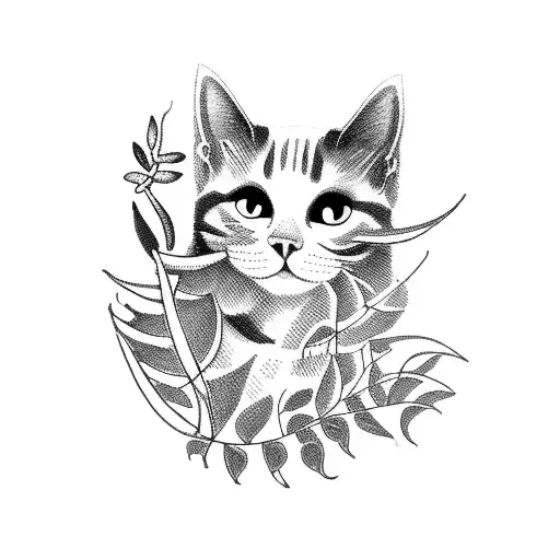 Cat With Tropical Plants Surrounding It